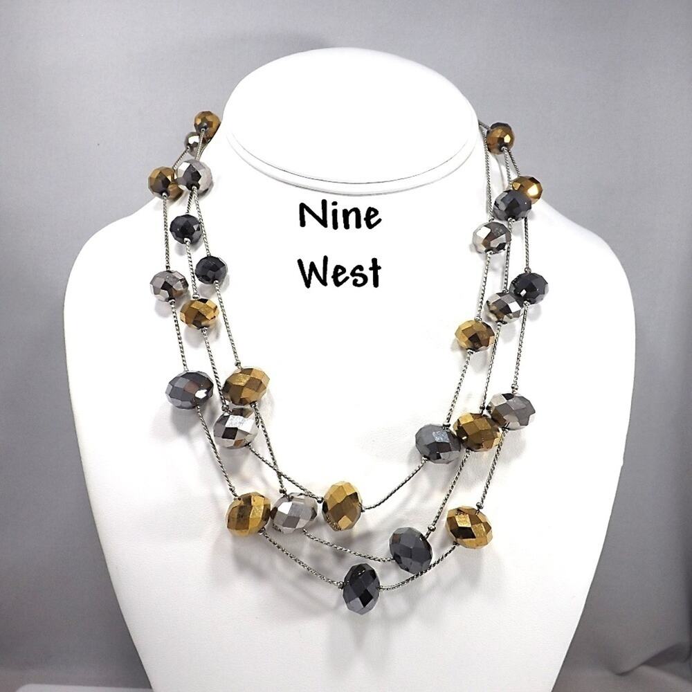 Nine West Metallic Bead Necklace, Bronze Gold Silver Faceted Beads, 16 Inches